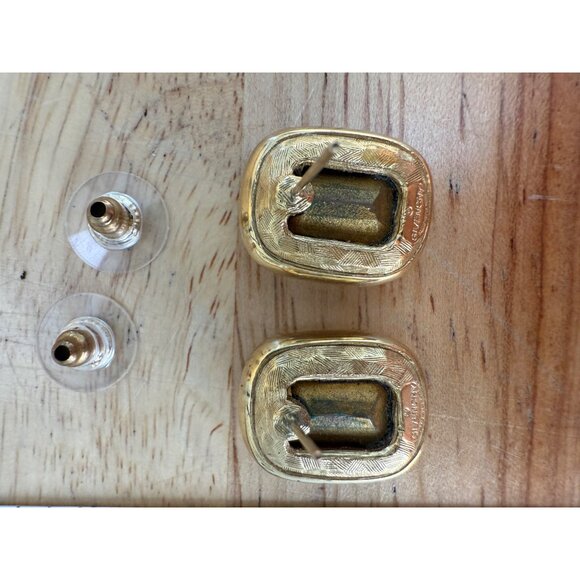 Givenchy Vintage Gold-Tone Crystal Stud Earrings Rectangular Clear Glass Rhinest - Picture 8 of 13
